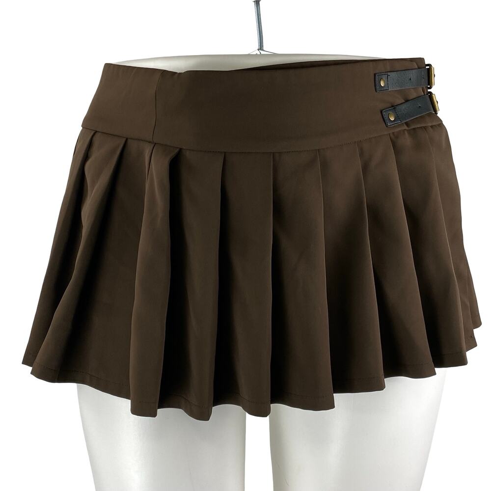 Edikted Polina Women Brown Double Belt Pleated Mini Skater Flare A-Line Skirt XL
